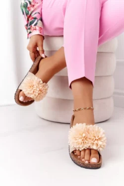 Šlepetės su kamštine pado dalimi, smėlio spalvos, „Flowerbomb“