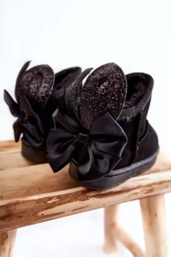 Mergaičių šiltos sniego batai su kaspinais, juodi „Meriva“