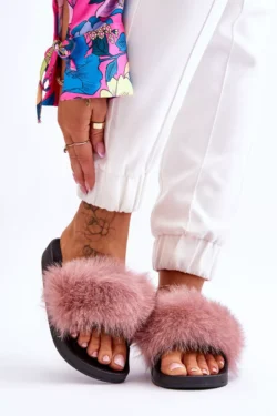 Moterims  guminiai šlepetės su kailiu, rožinės spalvos „Lucrece“