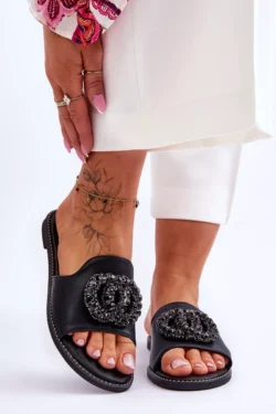 Moteriški "S.Barski" "KV-520-3" juodi plokščiapadžiai šlepetės su puošmenomis