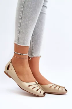 Zazoo 10009 Patogios moteriškos odinės balerinos, smėlio spalvos