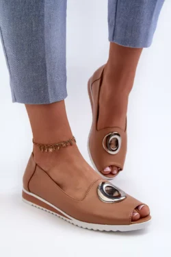 Moteriški bateliai su ekologiškos odos dekoracijomis, tamsiai smėlio spalvos „Biolita“