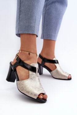 Moteriški sandalai su kulnu, pagaminti iš ekologiškos odos, auksinės-juodos spalvos Queenmarie