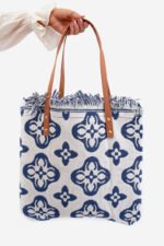 Didelė austi paplūdimio rankinė su raštu, balta Sadhara