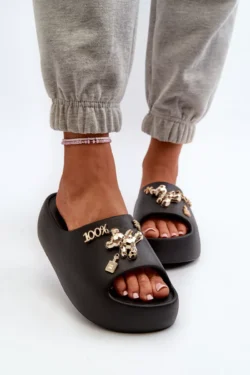 Moteriški lengvi putų šlepetės su papuošimais Black Orchia