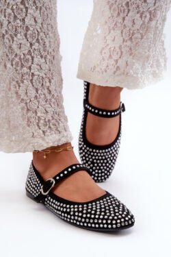 Ekologiškos suede balerinos, puoštos juodais Tinara akmenimis