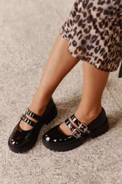 Moteriški lakuoti bateliai su dirželiais, juodi, „Terione“