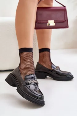 Moteriški lakuoti mokasinai su papuošimais LZ42-030 Juodi D&A;