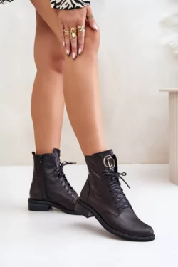 Zazoo 2955 odiniai darbo batai su aukso detalėmis ant liežuvio, juodi