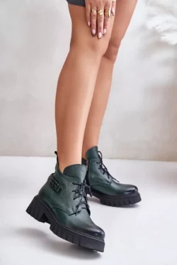 Zazoo 60483 Moteriški odiniai batai su žema kulna, izoliuoti, tamsiai žali