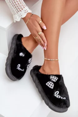 Moteriškos vilnonės šlepetės su lopais ir kaspinu, juodos spalvos Linnorelia