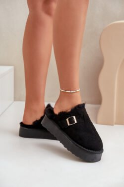 Moteriški šlepetės su storu padu, kailiu ir sagtimi, juodos spalvos Linneola