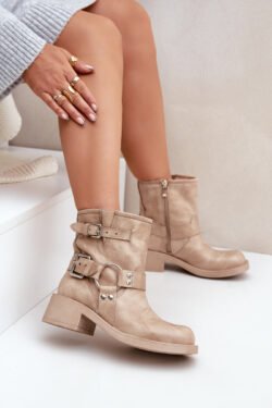 Odiniai moteriški bateliai su žemu blokiniu kulnu ir dirželiais Zazoo 3644 smėlio spalvos
