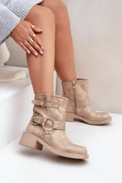 Odiniai moteriški bateliai su žemu blokiniu kulnu ir dirželiais Zazoo 3644 smėlio spalvos