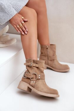 Moteriški suede bateliai su žemu kulnu ir dirželiais Zazoo 3644 smėlio spalvos