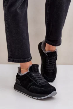 Moteriški sportiniai bateliai su kailiu ir blizgiu elementu „Big Star“ OO274580 Juodi