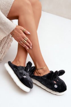 Pūkuotos šlepetės su zuikio motyvu, juodos spalvos „Natasha“