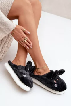 Pūkuotos šlepetės su zuikio motyvu, juodos spalvos „Natasha“