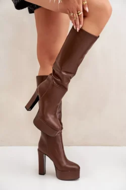 Kelių aukščio batai su kulnu ir platforma, pagaminti iš ekologiškos odos, rudi Felilorn