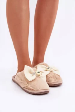 Moteriški šlepetės su kailiu ir kaspinu, smėlio spalvos, „Olfedi“