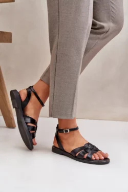 Zazoo 40378 Plokščios moteriškos odinės sandalės, juodos