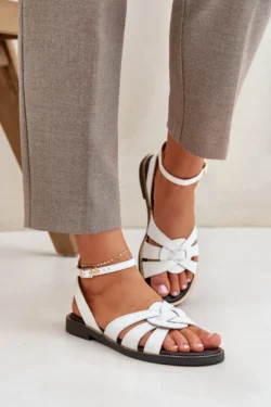 Odiniai moteriški sandalai su plokščiu kulnu, balti „Zazoo 3688“