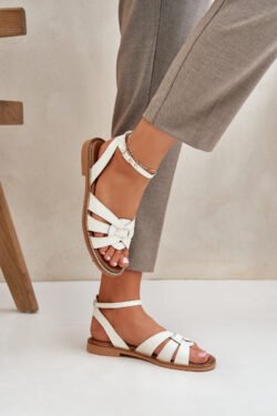 Odiniai moteriški sandalai su plokščiu kulnu Zazoo 3688 Ecru