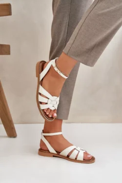 Odiniai moteriški sandalai su plokščiu kulnu Zazoo 3688 Ecru