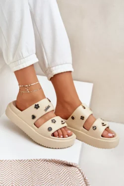 Moteriški putų šlepetės su papuošimais, smėlio spalvos „Ravanala“