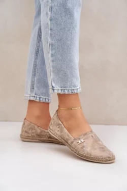 Elegantiškos suede espadrilės su gėlėmis moterims, smėlio spalvos, Zazoo 10177