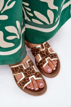 Odiniai plokšti šlepetės su panteros raštu Zazoo 40383 Rudi