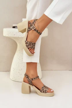 Zazoo 40386 Moteriški odiniai sandalai su blokiniu kulnu, leopardiniai, rudi-smėlio spalvos
