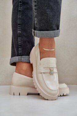 Lakuotos moteriškos mokasinai su meškiuku, smėlio spalvos Wulinea