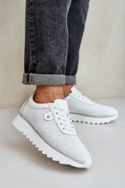 Odiniai sportiniai bateliai ant platformos su blizgučiais D&A LR51-629 Balti