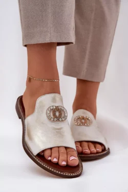 Elegantiškos moteriškos odinės šlepetės su Zazoo 3008 Aged Gold dekoracija