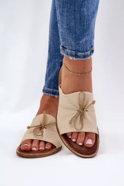 Zazoo 2659 Odinės moteriškos šlepetės, smėlio spalvos