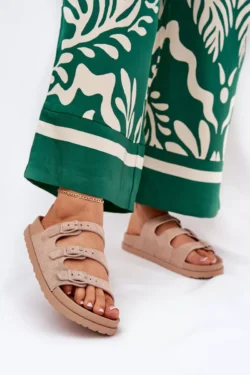 Moteriškos šlepetės su dirželiais ir sagtimis, smėlio spalvos Uliri