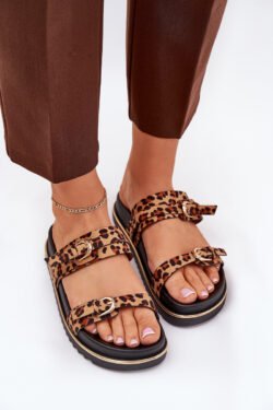 Moterims skirtos platforminės basutės su leopardo raštu, dirželiais ir sagtimis, rudos spalvos Ziferte