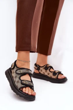 Moteriškos raštuotos audinio basutės su auksinėmis detalėmis, smėlio-juodos spalvos Pefese