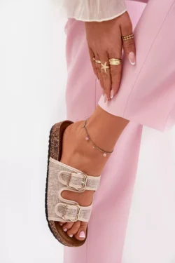 Moterims skirti audinio šlepetės ant kamštinio platformos su sagtimis, smėlio spalvos Osoffe