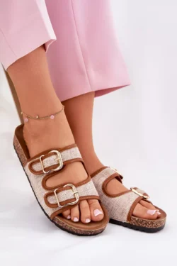 Moteriškos medžiaginės šlepetės ant kamštinio platformos su sagtukais Camel Osoffe