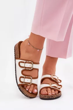 Moteriškos Šlepetės ant kamštinio pagrindo su sagtimis, baltos "Osoffe"