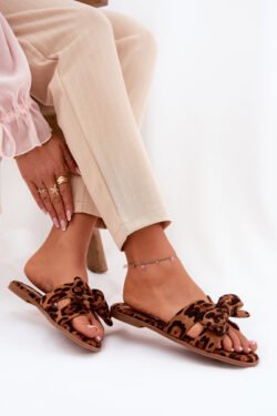 Moterims skirti plokščiapadžiai šlepetės su bantuku, leopardo rašto, rudos spalvos Tobin