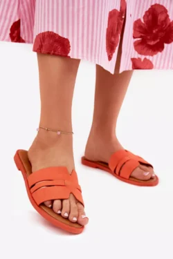 Moteriškos basutės plokščiu kulnu su išpjovomis ekologinė zomša oranžinė Teterre