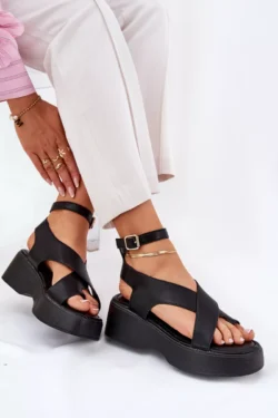 Moteriškos platformos ir pleišto basutės, ekologinė oda, juodos spalvos Tenzorus