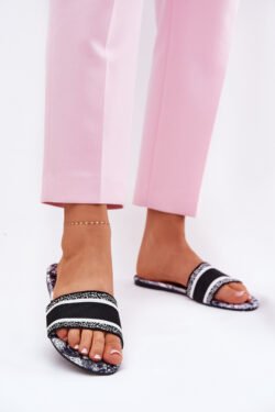 Ruožytos plokščios moteriškos šlepetės juodos Leysi