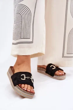 Moteriškos platformos basutės su auksine apdaila ir blizgučiais juodos spalvos Morisela