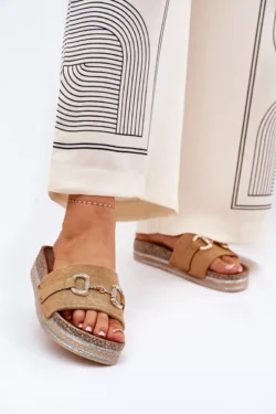 Moteriškos platforminės šlepetės su auksine apdaila ir blizgučiais Camel Morisela