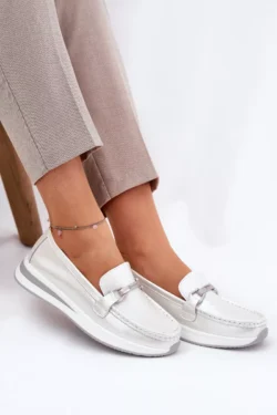 Odiniai moteriški "mokasinai" su dekoracija D&A LR51-966 Sidabriniai