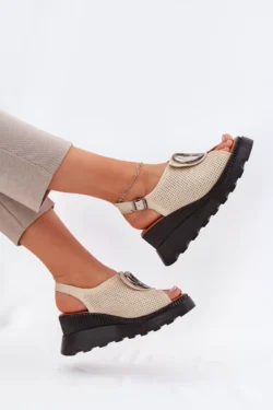 Moteriškos odinės platformos basutės su dekoracija, smėlio spalvos, Artiker 56C0111